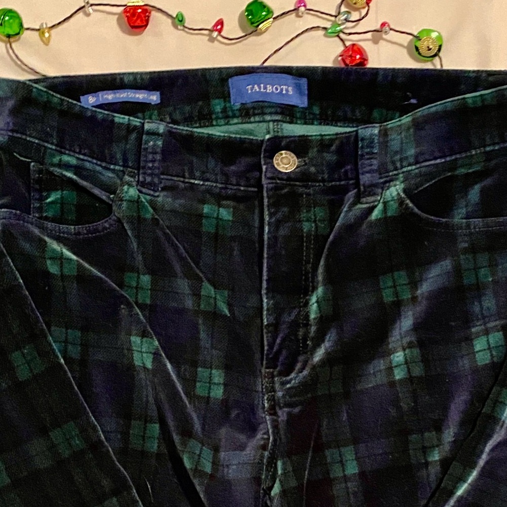 Talbots Black and Green Plaid Velvet High Waist Straight Leg Pants